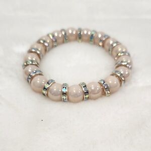 Handmade Light Pink Faux Pearl Silver Iridescent Rhinestones Elastic Bracelet